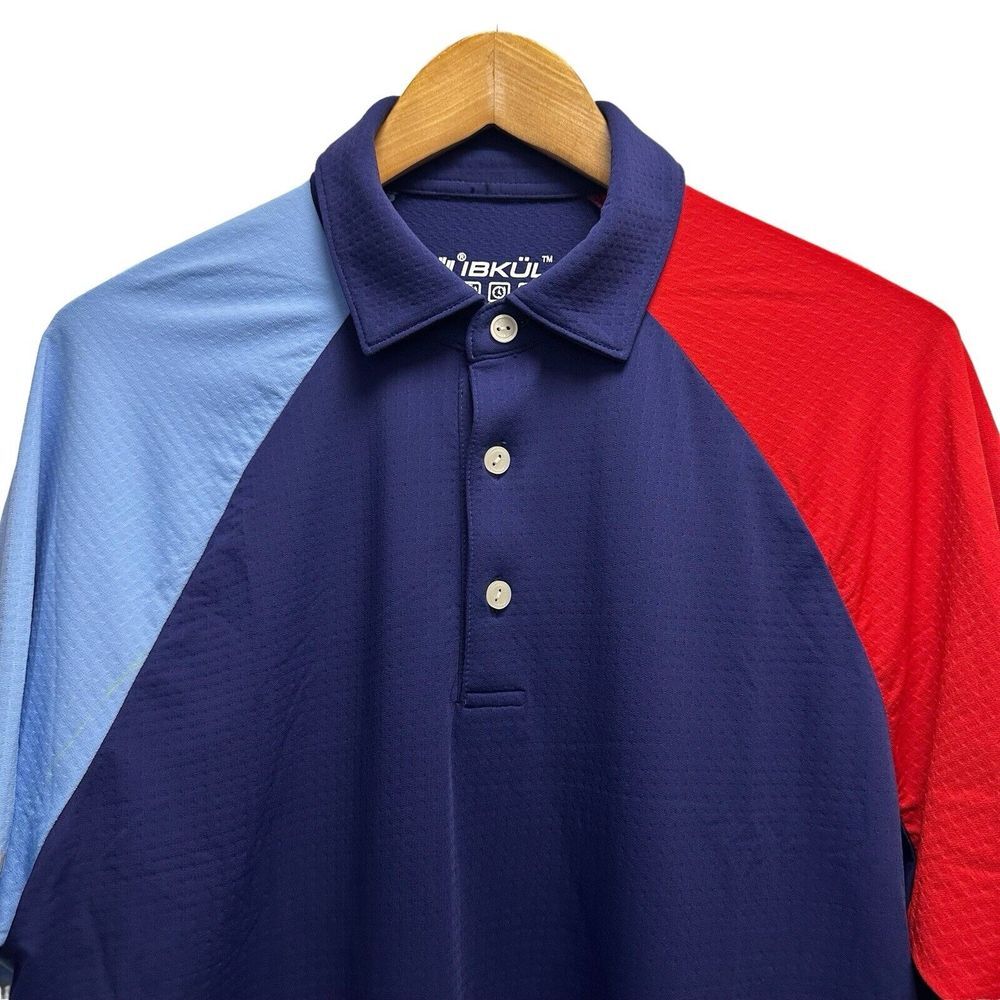 IBKUL Mens Size Medium Golf Polo S/S Shirt Blue/Red Colorblock Nylon Stretch guc
